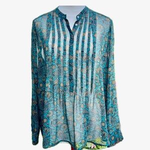 Loft Sheer Teal with Gold Flowers Long Top Size Medium